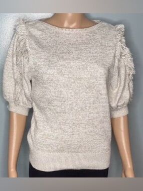 Ann Taylor Light Gray Fringe-Trim Crewneck Sweater